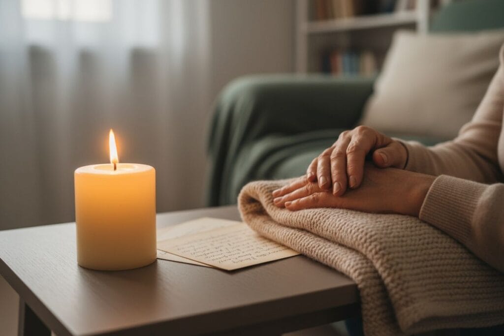Hands resting on a folded blanket beside a lit candle and handwritten letter, symbolizing reflection on end-of-life planning.