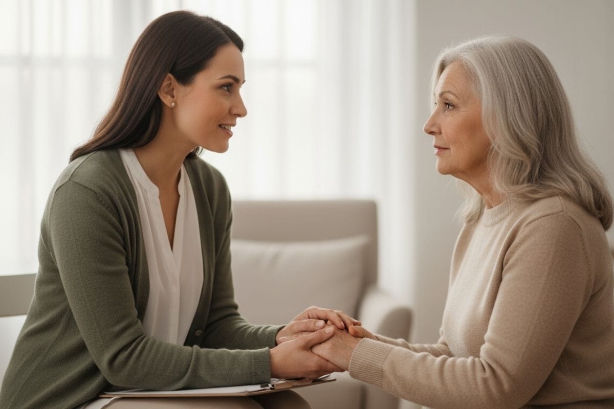 Young woman holding hands with an older woman in a warm conversation about how to create an end of life plan.