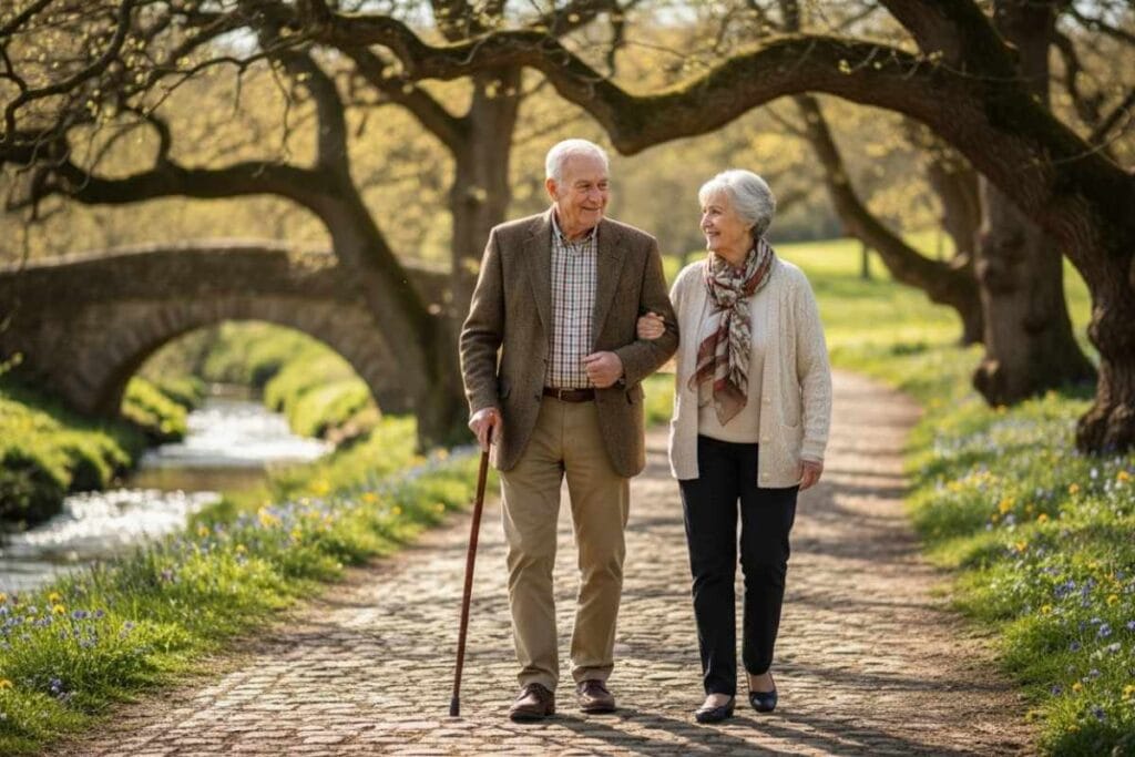 Smiling elderly couple walking arm-in-arm on a scenic path, symbolizing peace after creating an end-of-life plan.