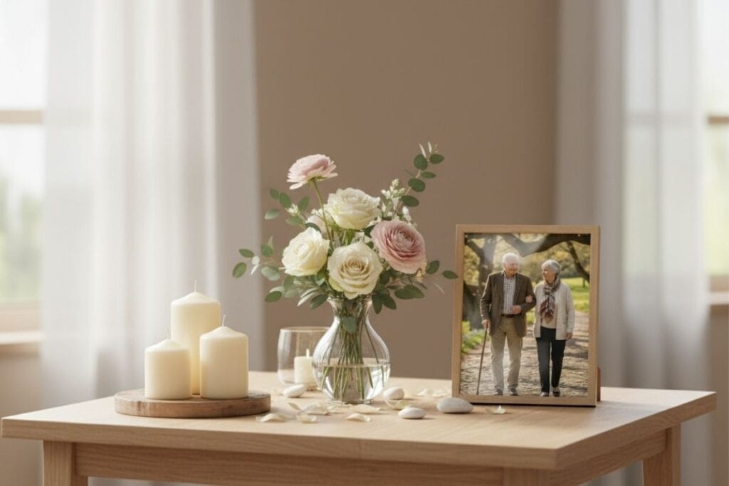 Memorial table with white candles, fresh flowers, and a framed photo of an elderly couple walking outdoors.
