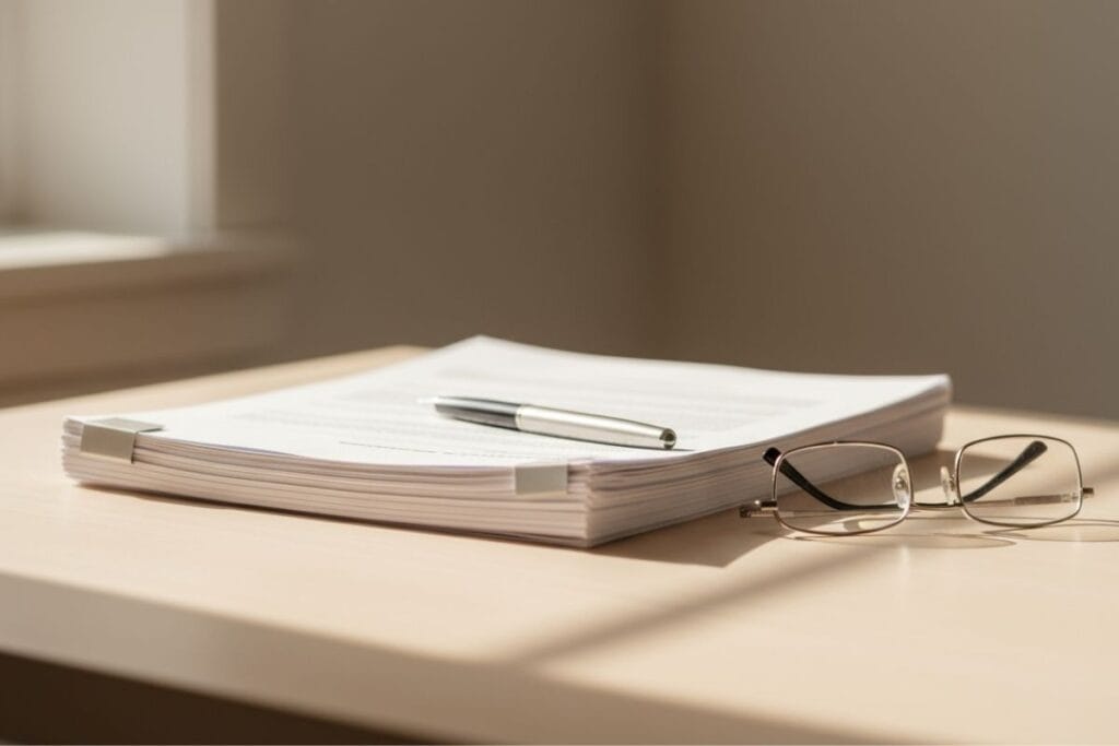 Stack of legal documents with pen and reading glasses on a sunlit desk, ready for end-of-life planning.