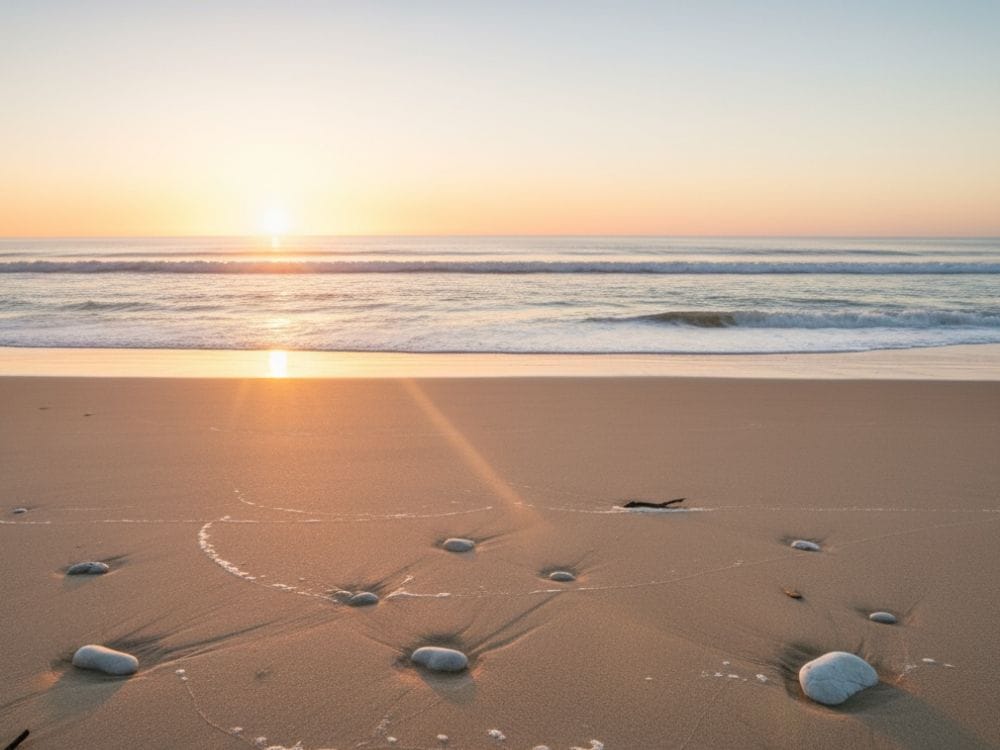Gentle sunrise over a quiet beach with soft waves and scattered stones, symbolizing peace in the grieving process.