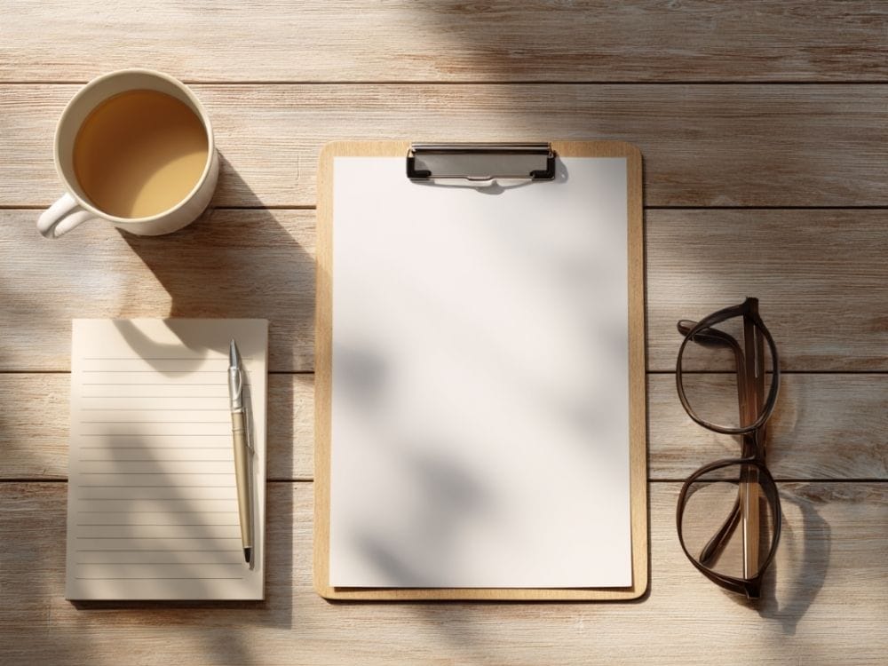 Clipboard, notebook, pen, coffee, and glasses arranged on a wooden table — representing gathering important end-of-life documents and notes.