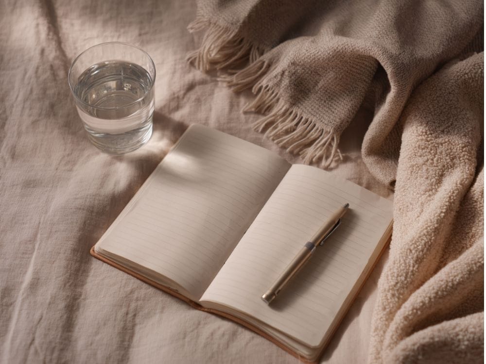 Open journal with a pen, a glass of water, and a soft blanket — symbolizing a calm moment to gather thoughts during early caregiving.