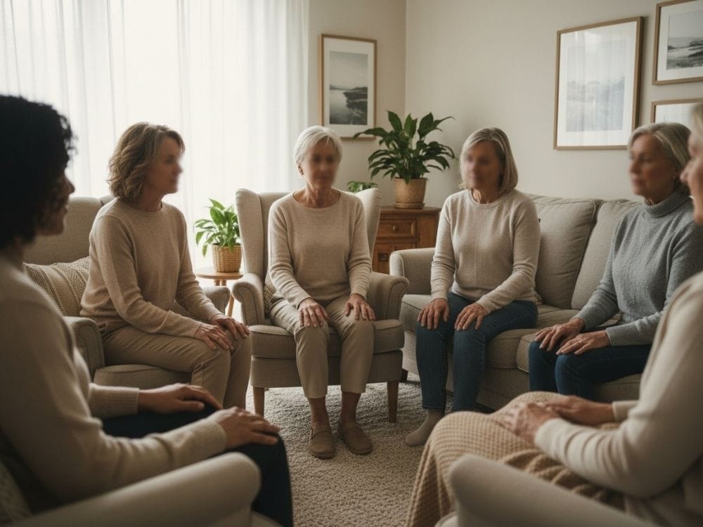 Caregivers sitting together in a small support group, offering community and understanding during end-of-life caregiving.