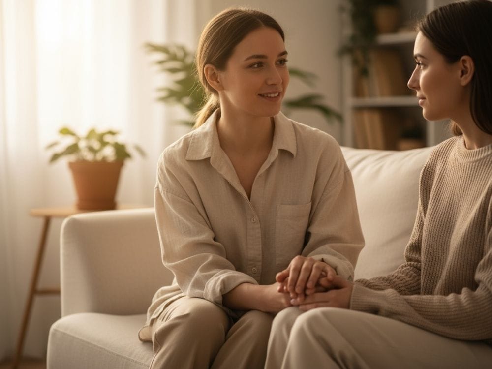 Two women sitting close, holding hands and sharing emotional support during the grieving process.