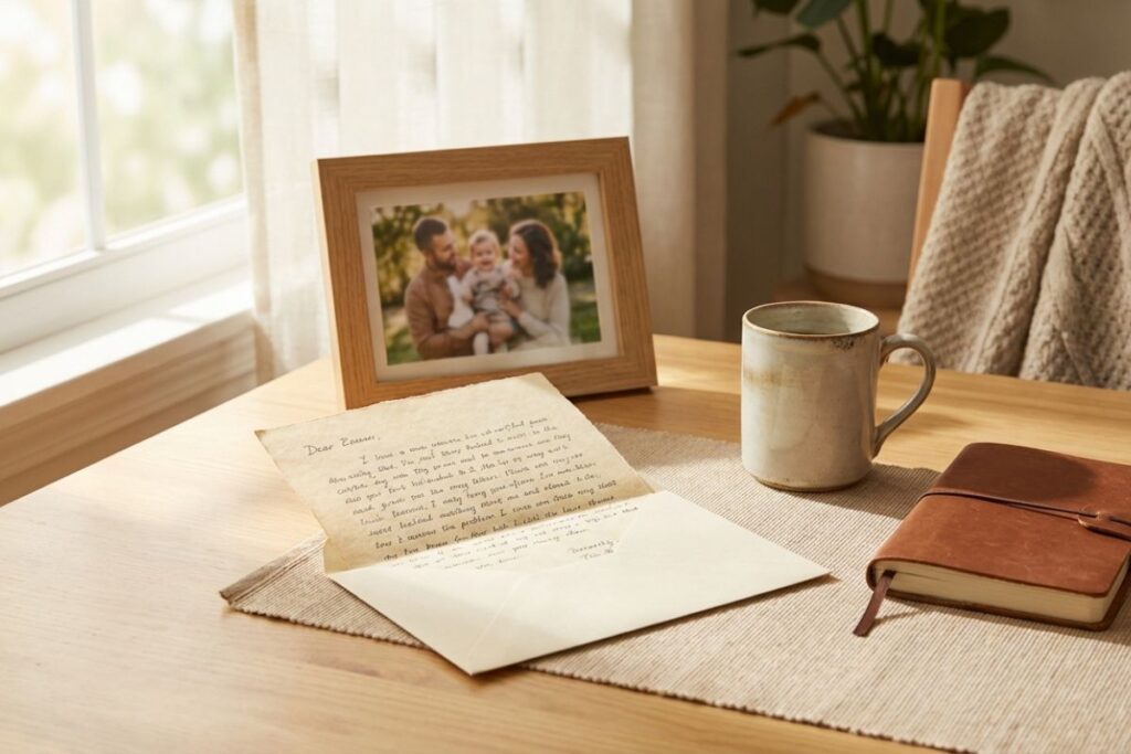 Letter, photo, and journal on a sunlit table symbolizing end-of-life planning as a lasting gift to loved ones