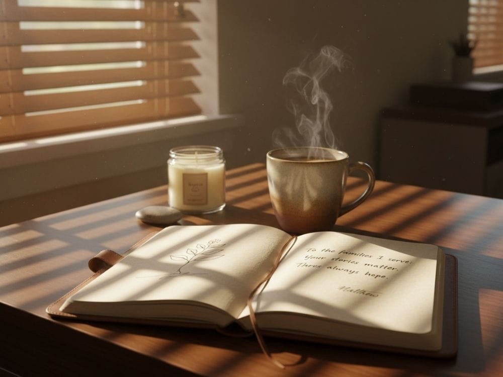 Open journal with handwritten note, coffee, and candle in soft light, closing a heartfelt guide on what to do when someone dies.