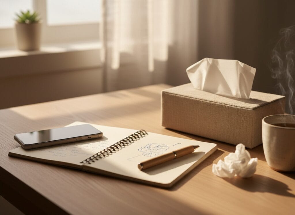 Notebook, tissues, and coffee sit on a sunlit table, suggesting quiet reflection after a loss and what to do when someone dies.