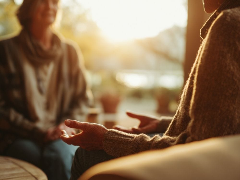 Two people having a gentle conversation about end-of-life care on a porch during a calm, warm moment.