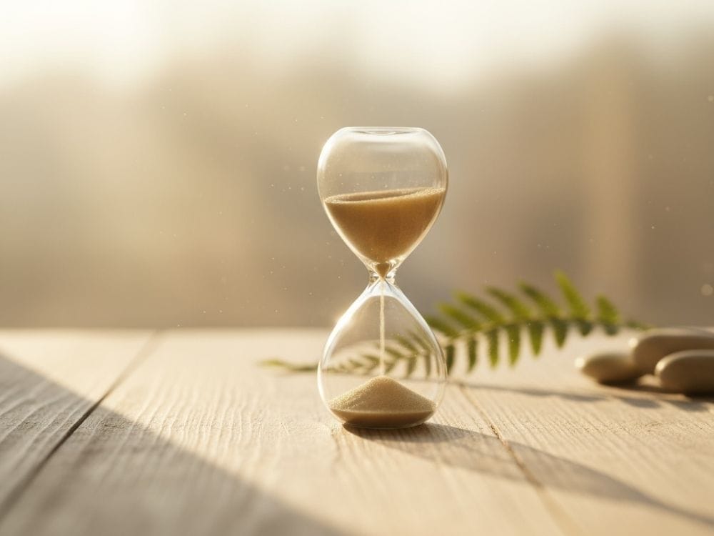 Hourglass on a wooden table with sand slowly falling, symbolizing patience and the passing of time in the grieving process.
