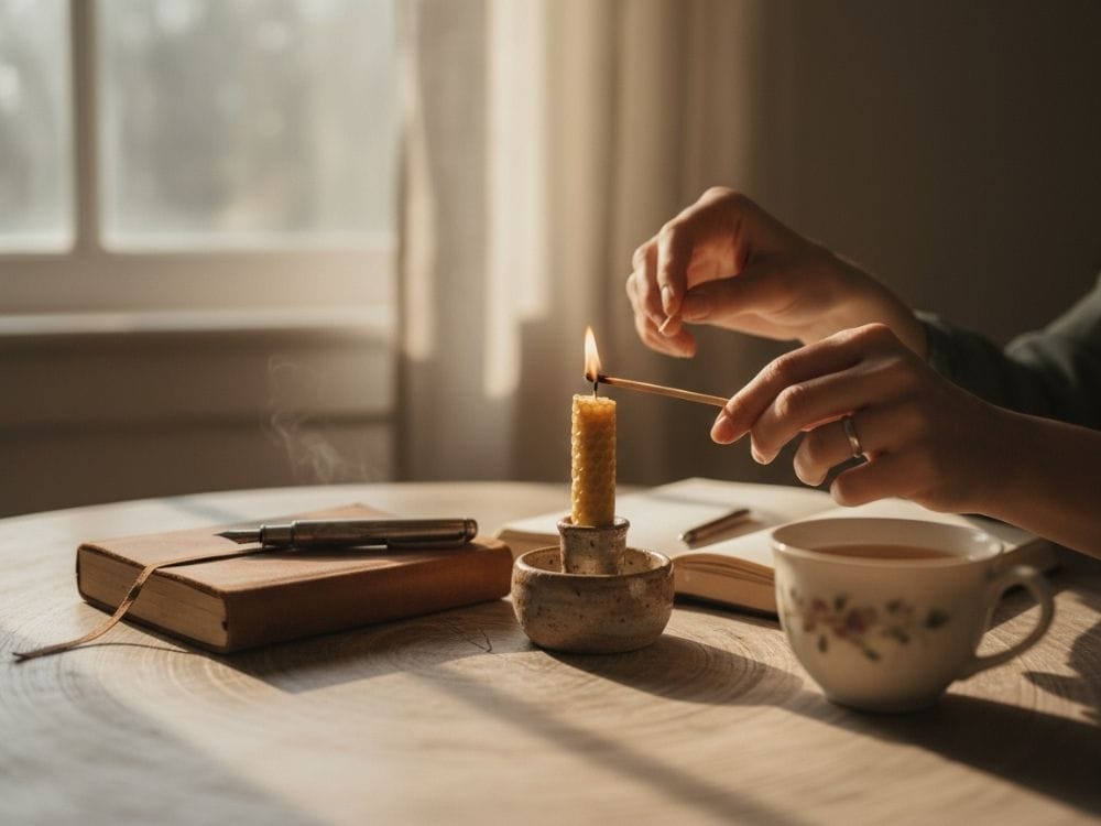 Hands lighting a beeswax candle beside a journal and tea, symbolizing quiet rituals in the grieving process.