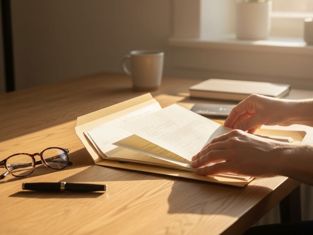 Hands sort through important documents in a folder, reflecting tasks often handled in the first month after someone dies.