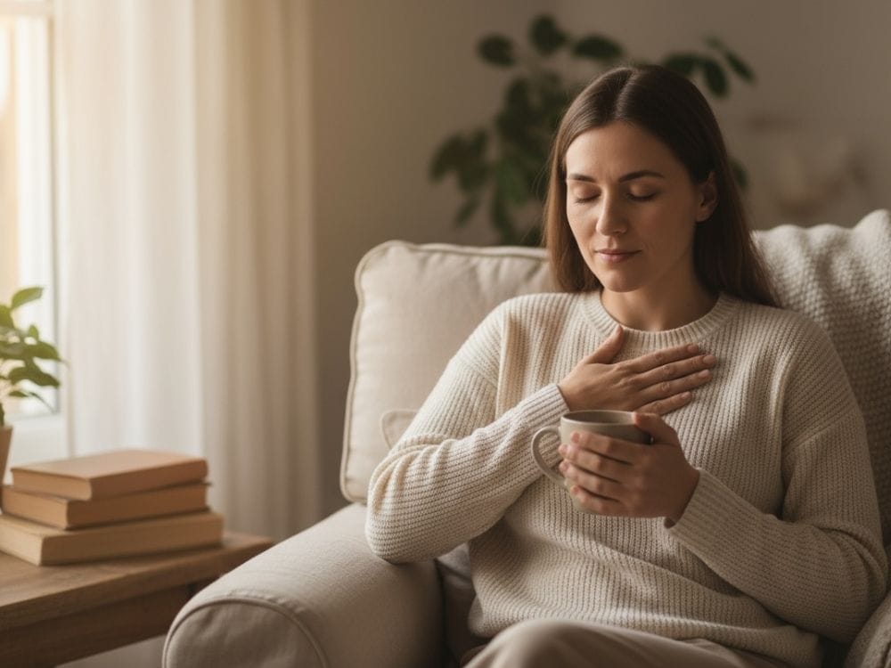 Woman with hand on chest holding a mug, eyes closed in a peaceful moment of reflection during the grieving process.