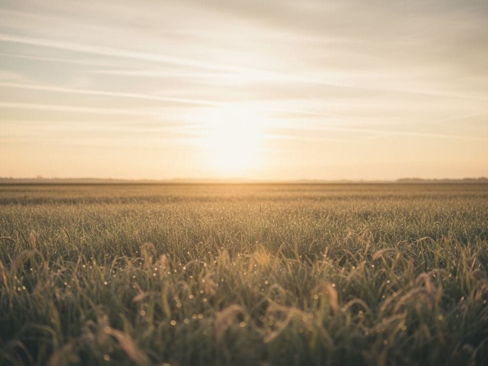 Sunrise over a dew-covered field with soft light and open space, symbolizing hope and renewal in the grieving process.
