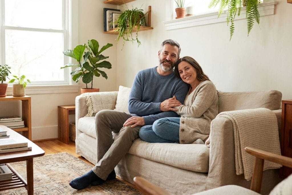 Couple sitting close on a cozy couch in a sunny living room offering comfort and support.