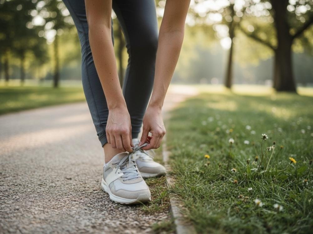 Person tying sneakers on a park path, symbolizing taking first steps toward healing after someone dies.