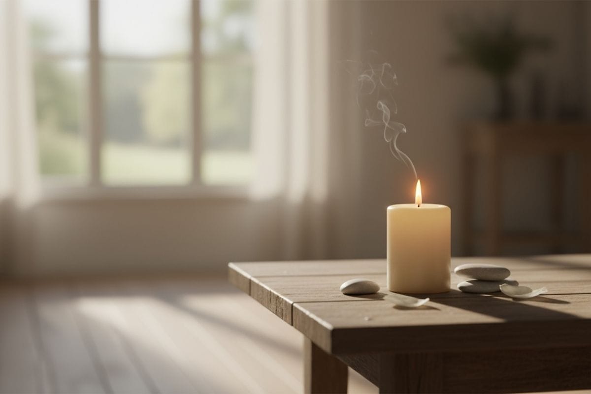 Lit candle with soft smoke on wooden table beside white stones and petals, symbolizing peace and reflection in the grieving process.