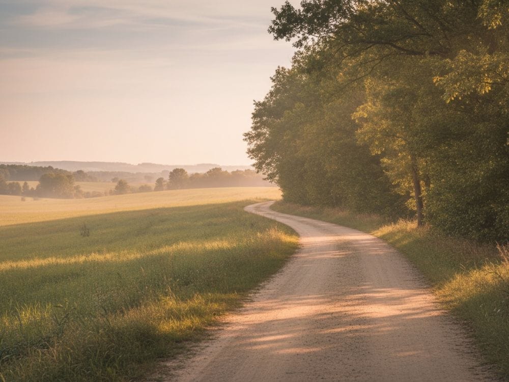 A winding dirt road through peaceful countryside, symbolizing the long and personal journey of the grieving process.