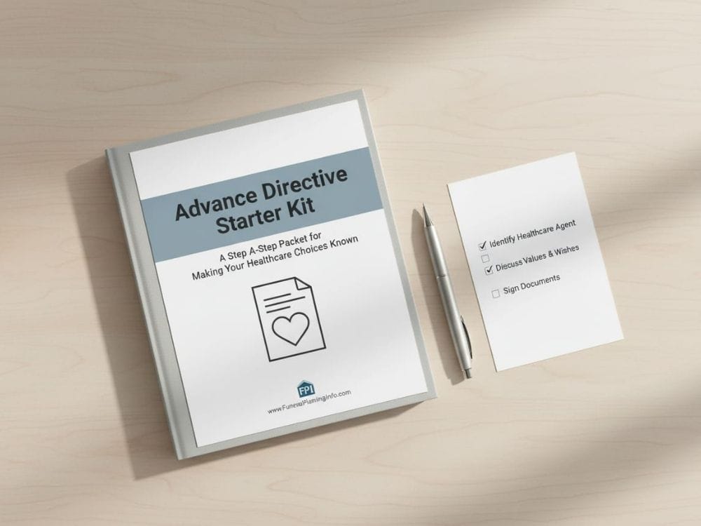 Advance Directive Starter Kit booklet with a checklist and pen on a table, emphasizing healthcare planning steps.