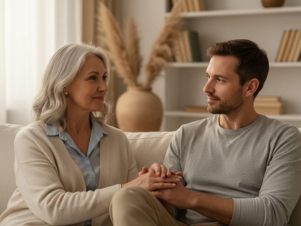 Older woman and adult son sit close together on a couch, holding hands and sharing a calm, reassuring moment at home.