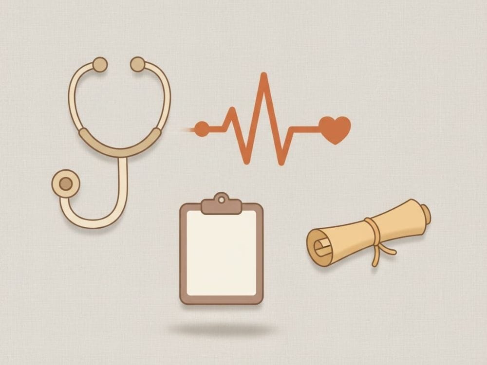 Illustration of a stethoscope, heart monitor line, clipboard, and scroll symbolizing healthcare and legal documents.