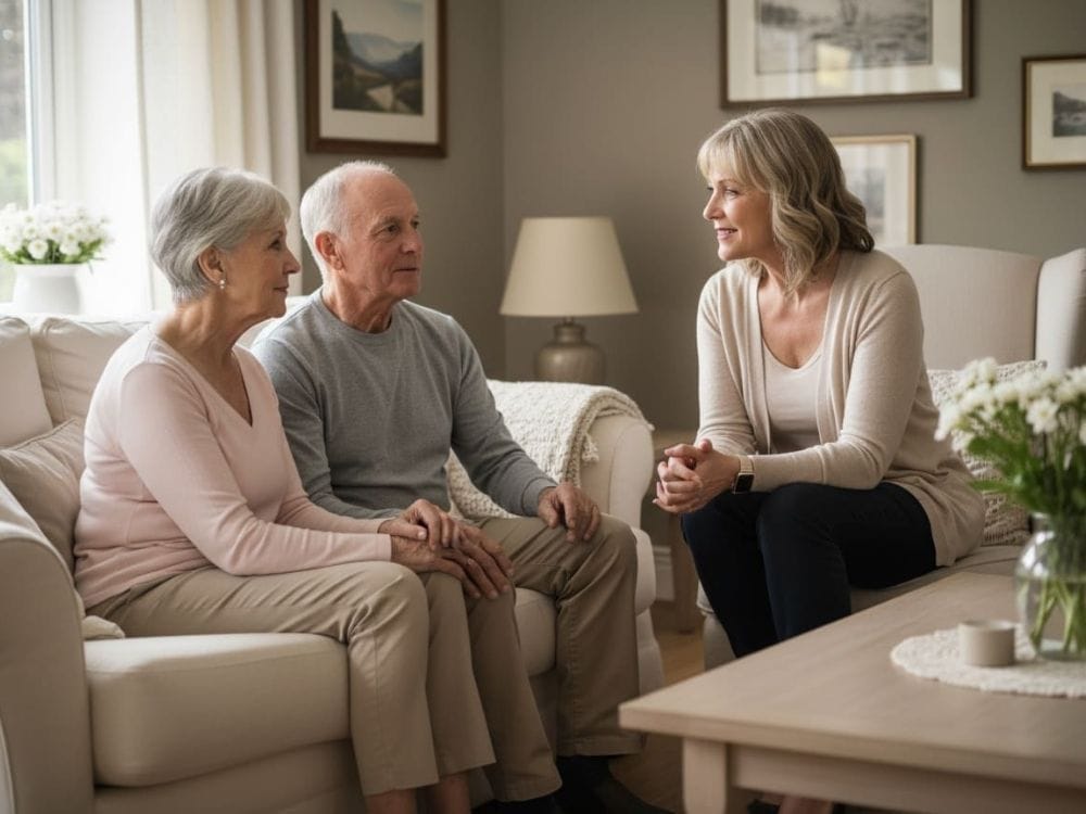 Older couple sitting with a professional woman in a home-like setting, discussing questions about advance directives and living wills.