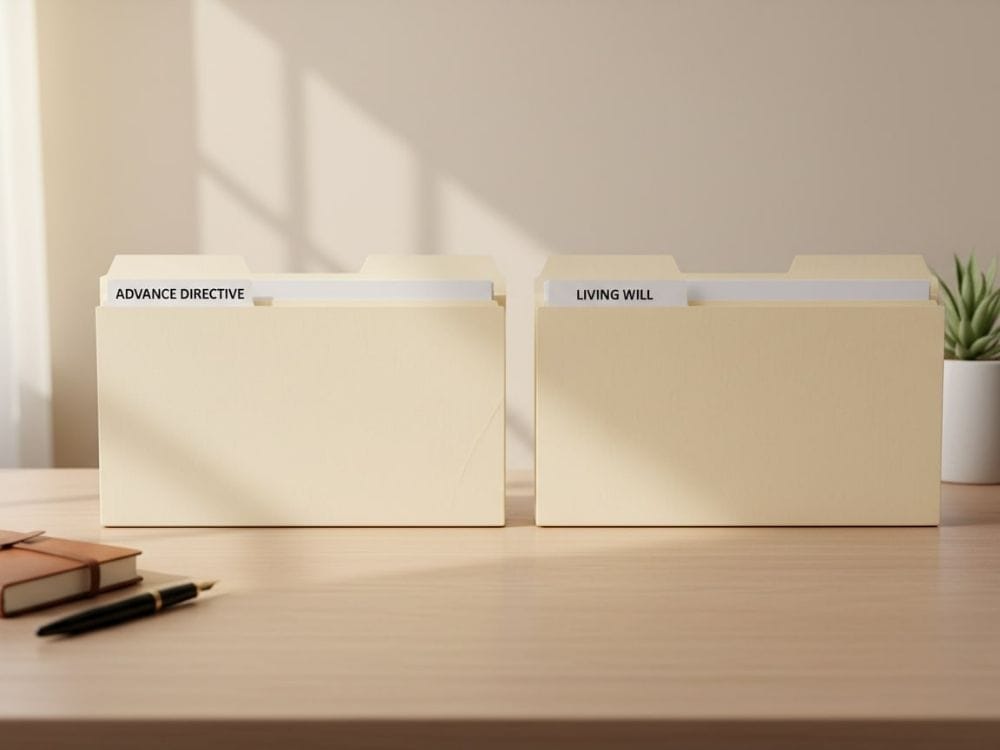 Two file folders labeled Advance Directive and Living Will side by side on a desk with soft sunlight.