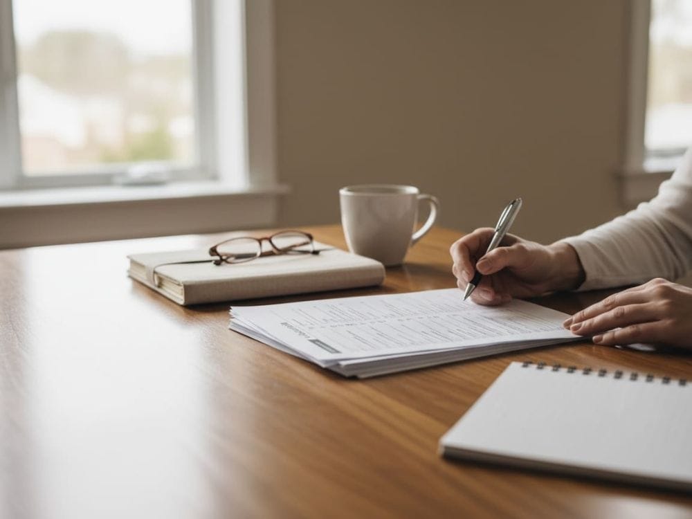 Person filling out advance directive paperwork at a table with a notebook, glasses, and coffee nearby.