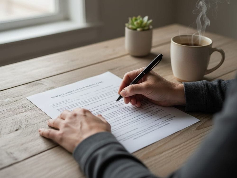 Person filling out an advance directive form at a wooden table with coffee and a plant nearby.