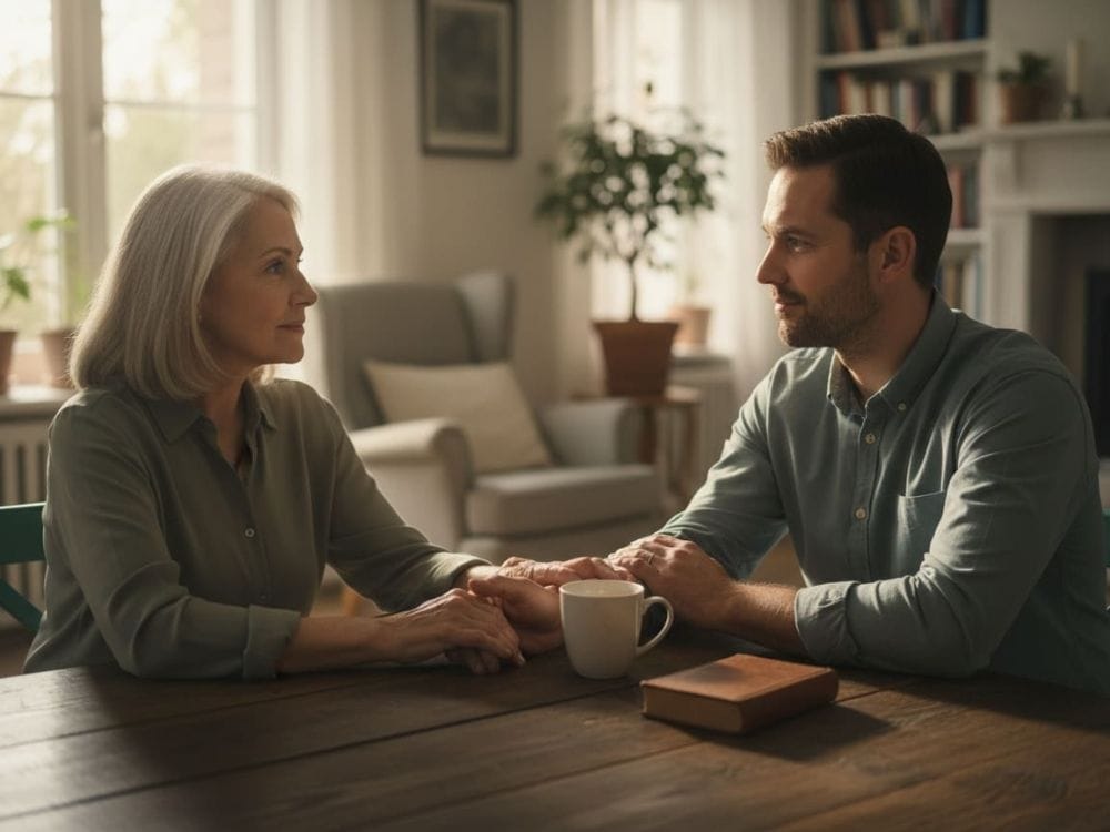 Older woman and adult son sitting at a table, holding hands and having a meaningful conversation in a calm, home setting.