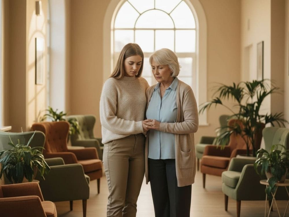 Older and younger woman standing together, holding hands in a quiet lounge, both appearing serious and emotionally affected.