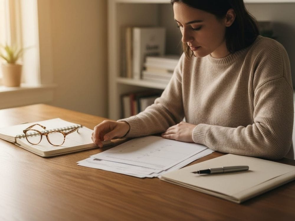 Woman reviewing paperwork at home with glasses, folders, and a pen nearby, suggesting it’s time to update her advance directive.