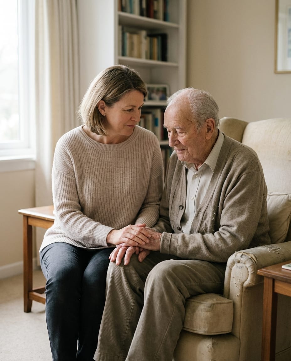 Adult daughter holding elderly fathers hand on a couch, representing support for caregivers at home.