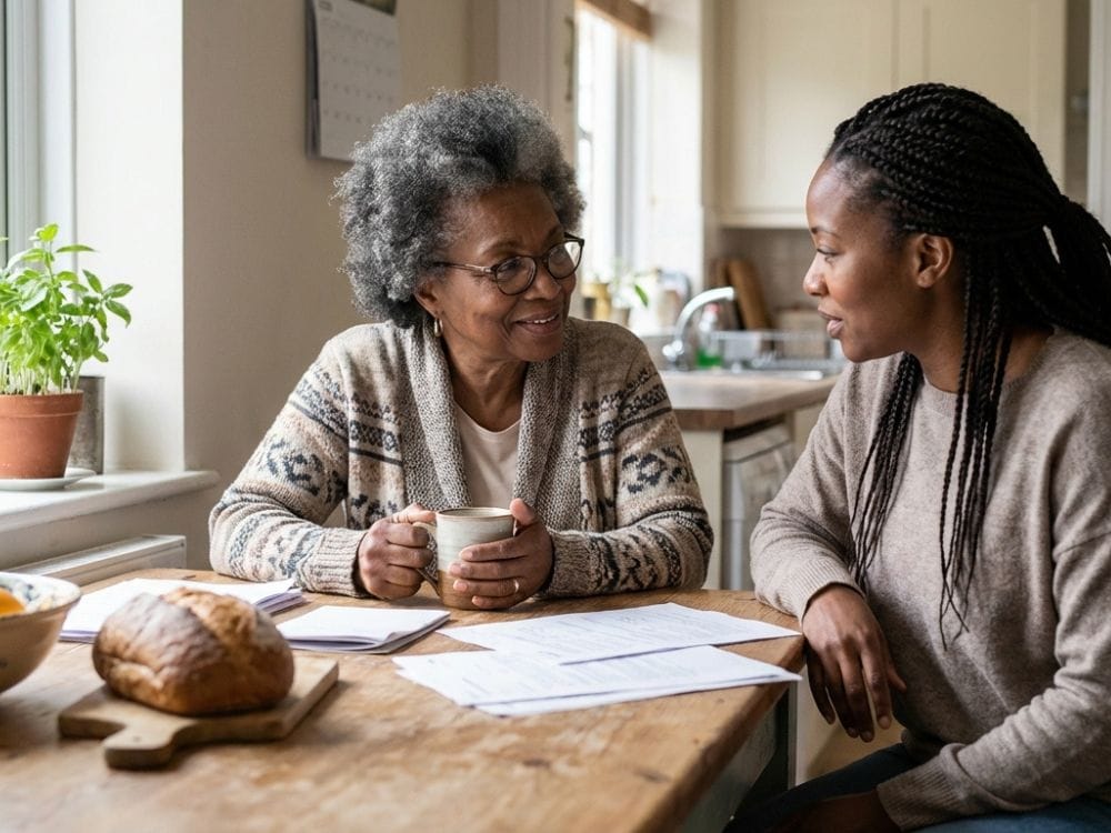 Mother and daughter reviewing paperwork at a kitchen table, showing the right time to begin talking about death.