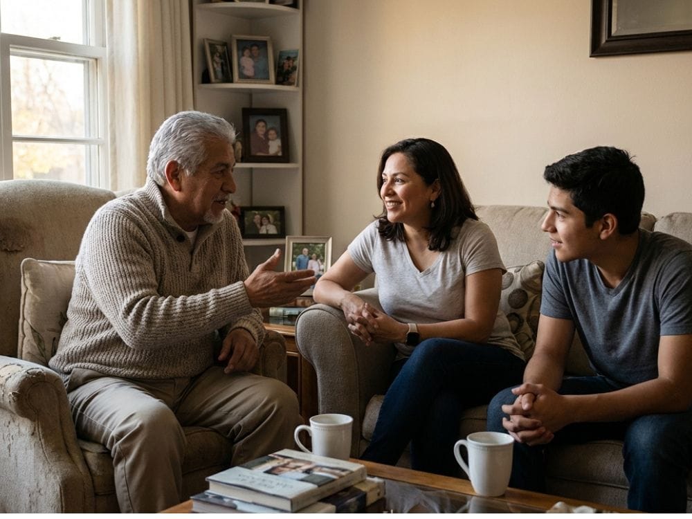 Grandfather talking with adult daughter and teenage grandson on a couch about death in a supportive setting.