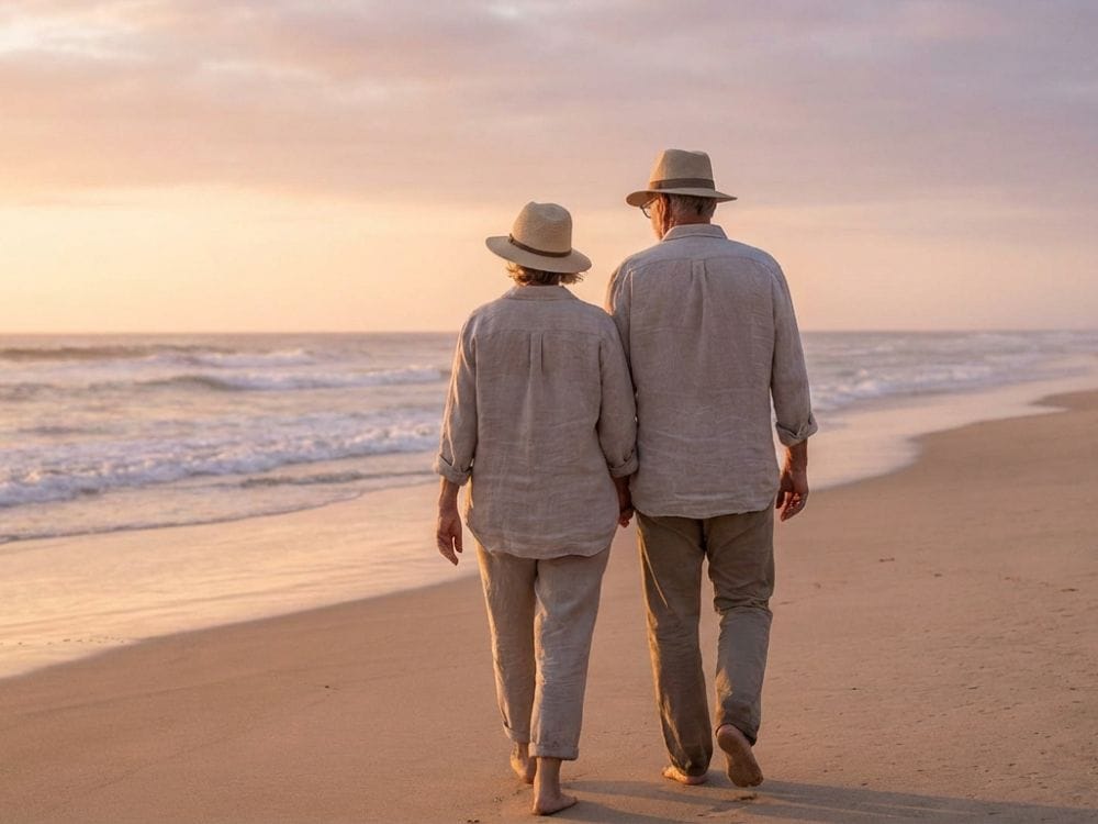 Older couple walking hand in hand along the beach at sunset, reflecting on life and talking about death.