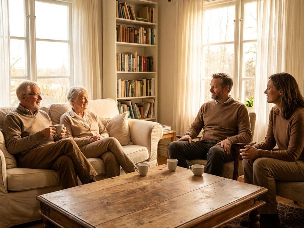 Two generations of a family sitting together in a living room, showing why talking about death and planning ahead matters.