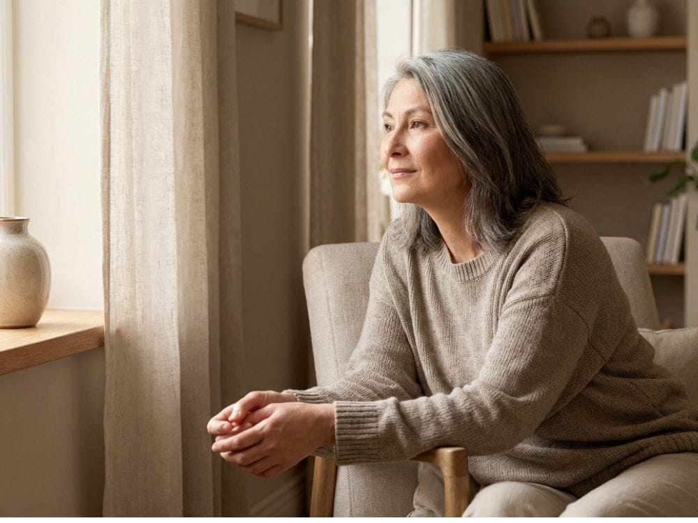 Older woman sitting by a window in quiet reflection, illustrating why we avoid talking about death.