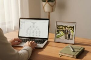 Person viewing a digital family tree while a framed photo of elderly parents and a notebook sit nearby on the desk.