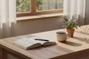 Open notebook, coffee cup, and plant on sunlit desk near window, evoking peaceful reflection on end-of-life planning.