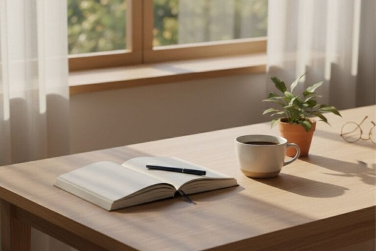 Open notebook, coffee cup, and plant on sunlit desk near window, evoking peaceful reflection on end-of-life planning.