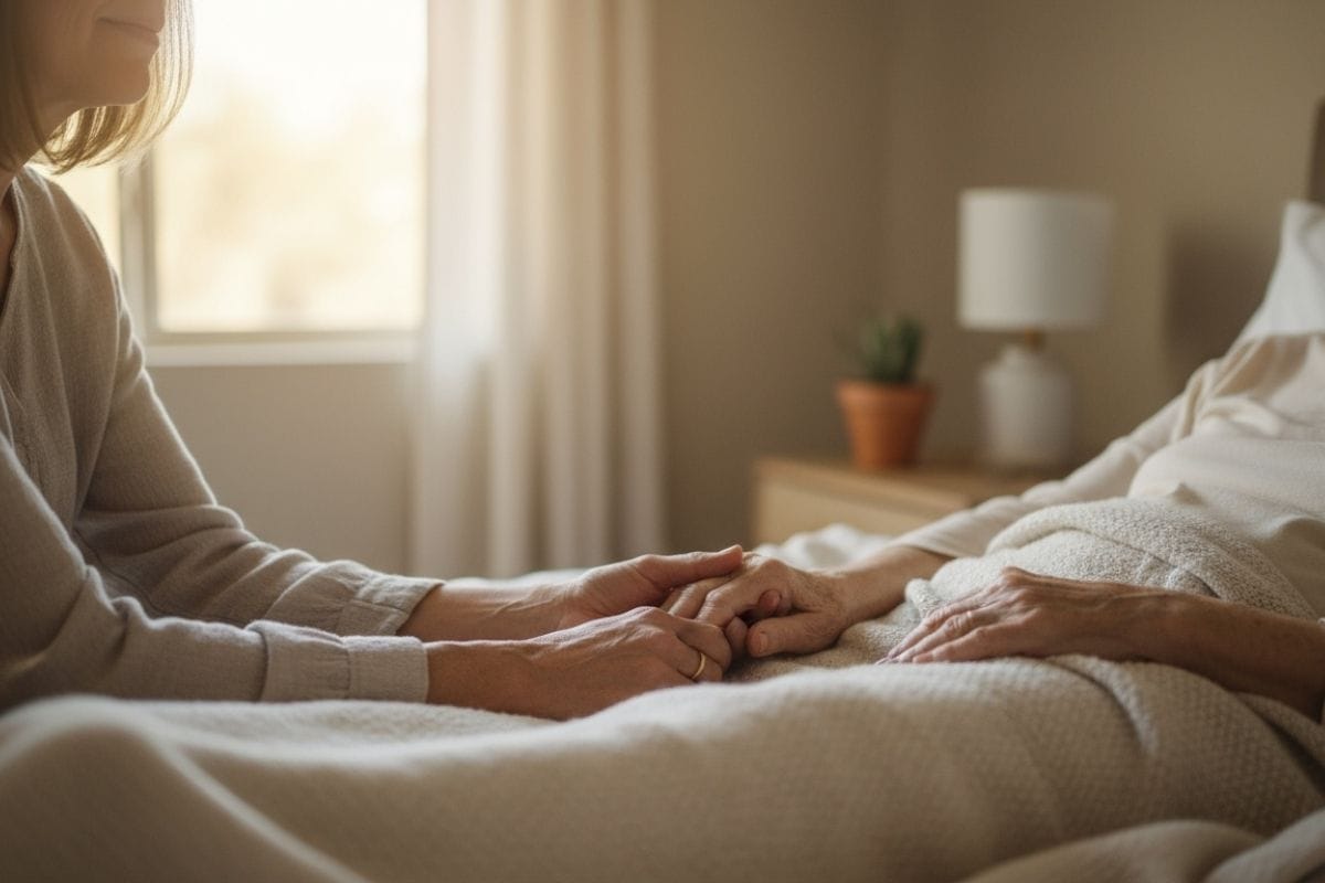 An end of life caregiver gently holds hands with an elderly woman lying in bed, offering calm support in a softly lit bedroom.