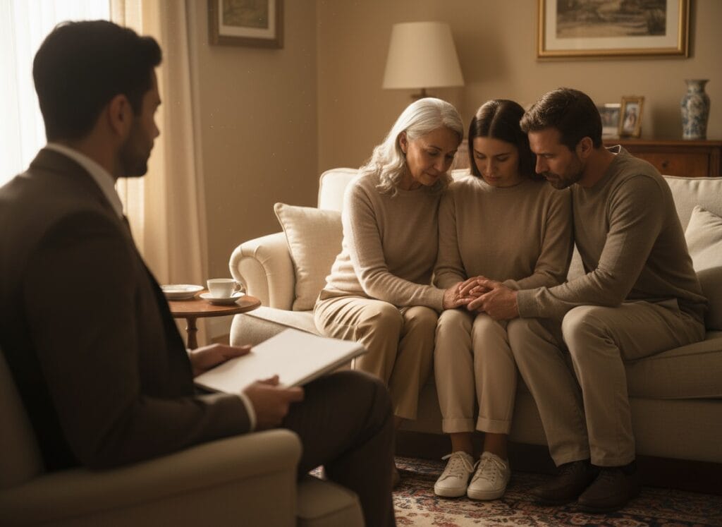 Grieving family sits together holding hands while meeting with a professional, beginning steps of what to do when someone dies.