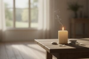 Lit candle with soft smoke on wooden table beside white stones and petals, symbolizing peace and reflection in the grieving process.