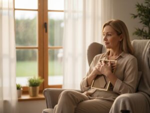 Woman sitting by a window holding a picture frame, quietly remembering a loved one in the grieving process.