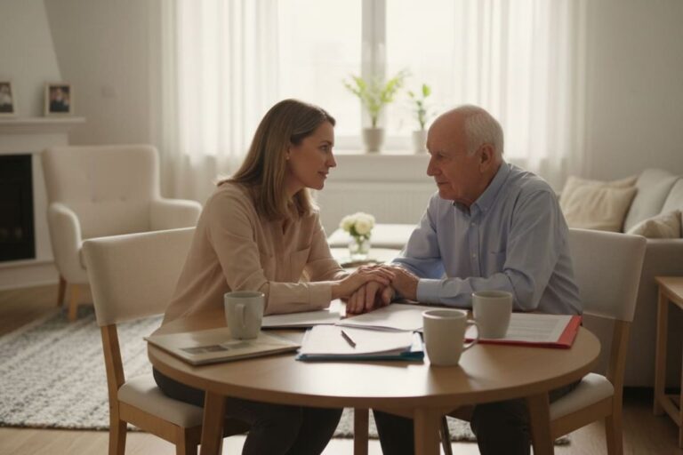 Adult daughter and elderly father discussing healthcare documents at home, representing advance directives vs living wills.