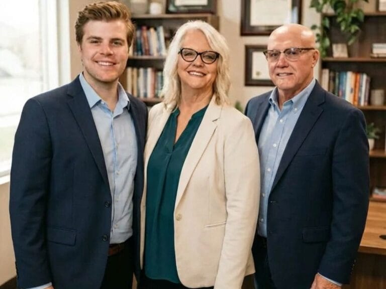 Matthew, Maureen, and Robb of FuneralPlanningInfo.com standing together in a professional office setting.