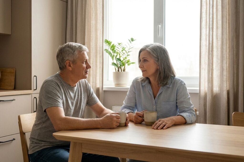 Older couple sitting at a kitchen table talking about death while holding coffee cups in a quiet morning setting.