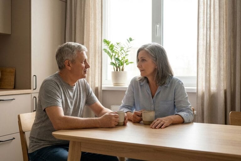 Older couple sitting at a kitchen table talking about death while holding coffee cups in a quiet morning setting.